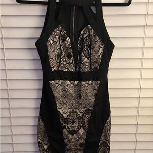 Black and Tan Sleeveless Halter Bodycon Dress